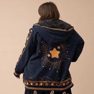 Mochipan Starry Night Jacket Size L Navy Gold Oversized Hoodie Kawaii Cloud EUC